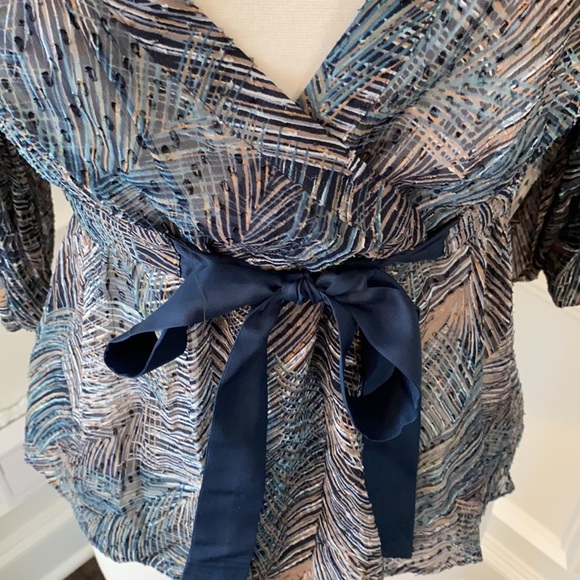 BCBG MAXAZRIA Feather Print Silk Blouse w/Ribbon - Picture 3 of 8